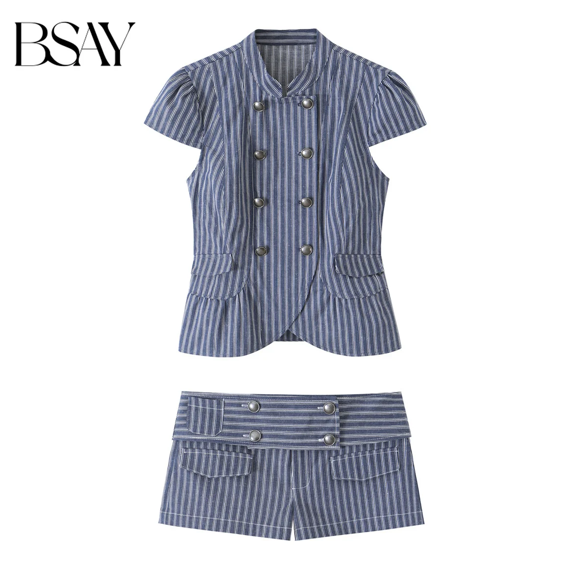 BSAY Vintage Striped Women Piece Matching Set Stand Collar Cap Sleeve Double Breasted Top High Waist Shorts Summer Casual Outfit