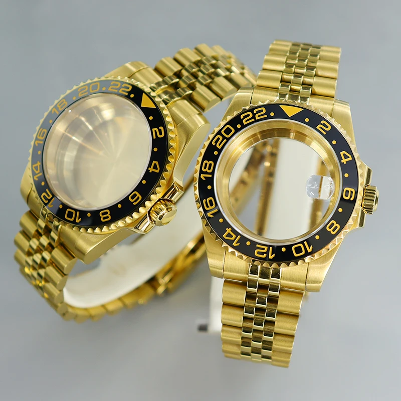 40MM Watch Case Jubilee bands 38mm GMT Ceramic Inlay Bezel Sapphire Crystal For Seiko NH35 NH36 8205 2824 Movement Golden parts