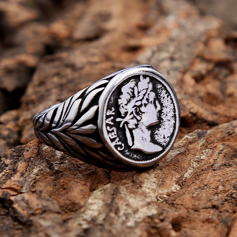 Vintage Roman Caesar Head Ring For Men Stainless Steel Coin Gaius Julius Caesar Rings Fashion Jewelry Gifts Dropshipping