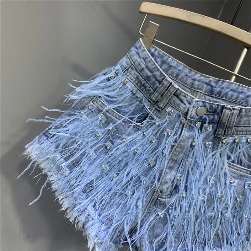 Spring And Aummer New Fringed Diamond-Encrusted Washed Light Blue Denim Shorts Fashionable High Waist Denim Breathable Shorts