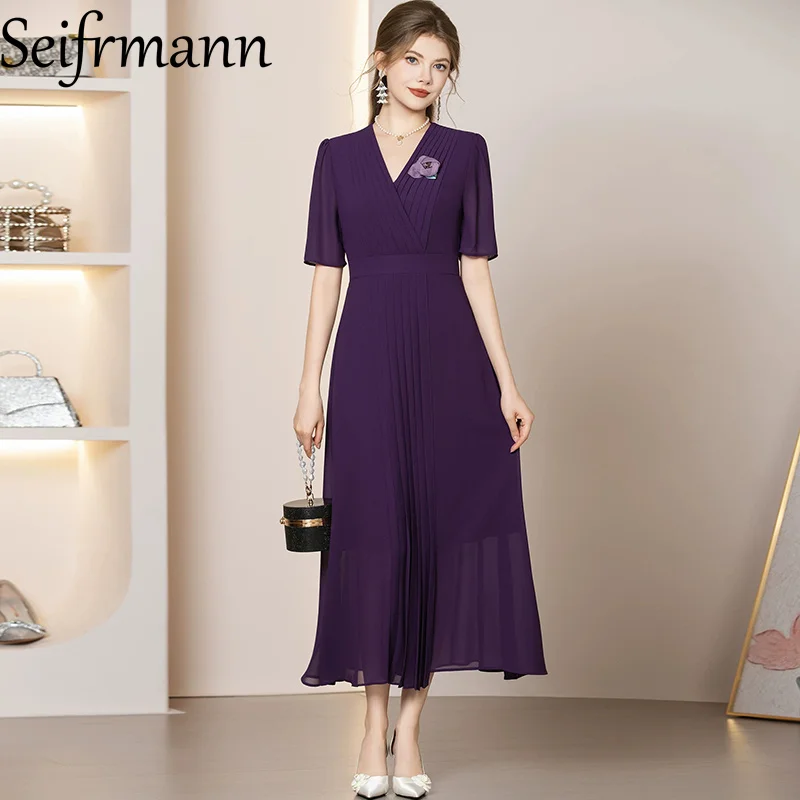 Seifrmann Solid Color Simple Dress V Neck Short Sleeve Waist Long Dress 2026 Summer Fashion New Style