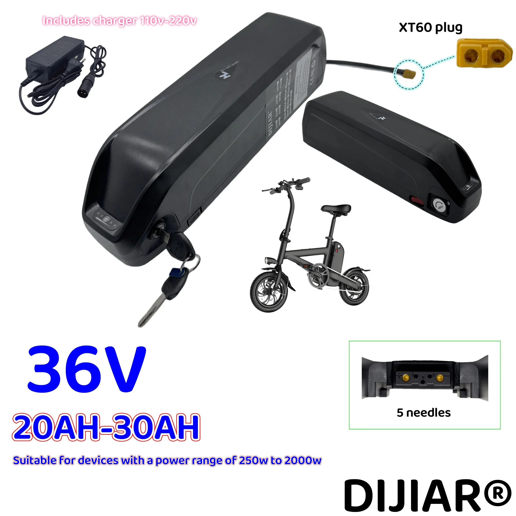 

Air freight, 36V 5-pin Hailong 18650 lithium battery 20AH-30AH, new capacity, suitable for 250-2000W power assisted vehicles