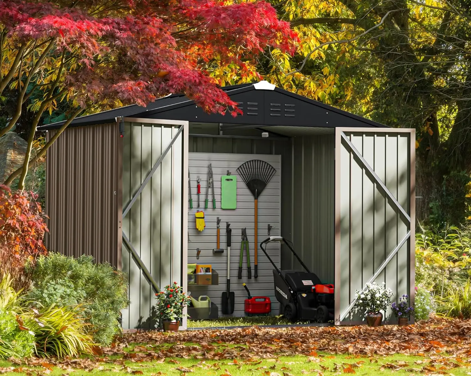 Outdoor Storage Shed 6 x 8 ft. Utility Tool Shed Metal Storage Garden Shed with Door & Lock for Patio Storage, Brown