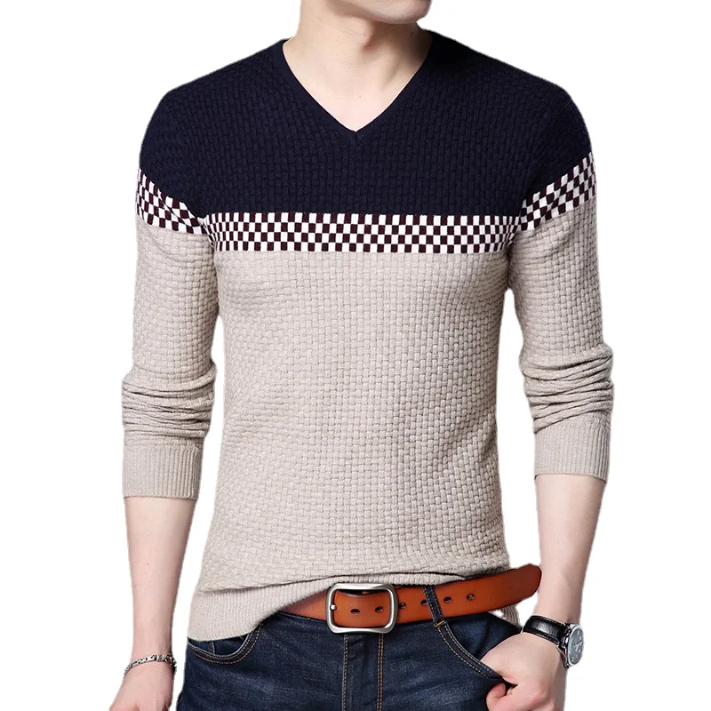 New Arrival Men's Sweater Fashion Brand Stitching Long-sleeved V-neck Mens Sweaters Casual Slim Male Clothing