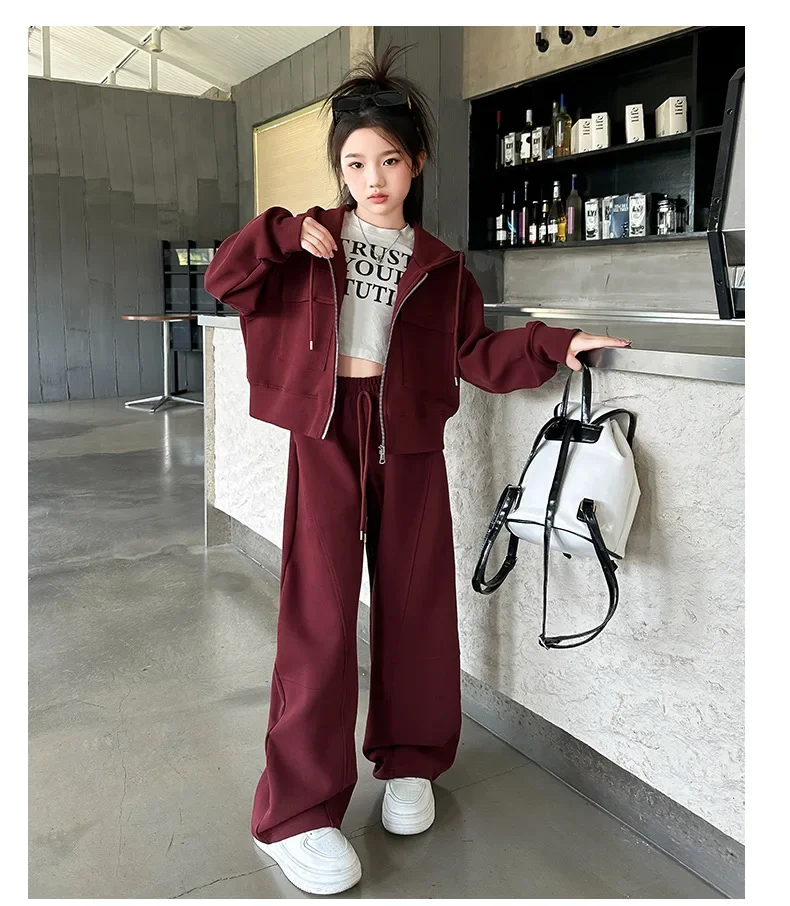 Girls Suits 2024 Autumn New Childrens Clothes Girls Baby Foreign Style Hooded Coat Two Pieces Sweatpants Casual Simple Fashion image 6