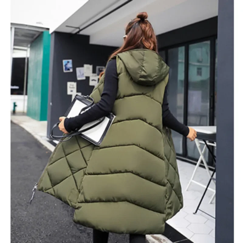 Women\'s Sleeveless Vest Long Down Jacket Solid Korea Hooded Padded Vests Loose Females 2022 Ladies Fashion Casual Winter Coat