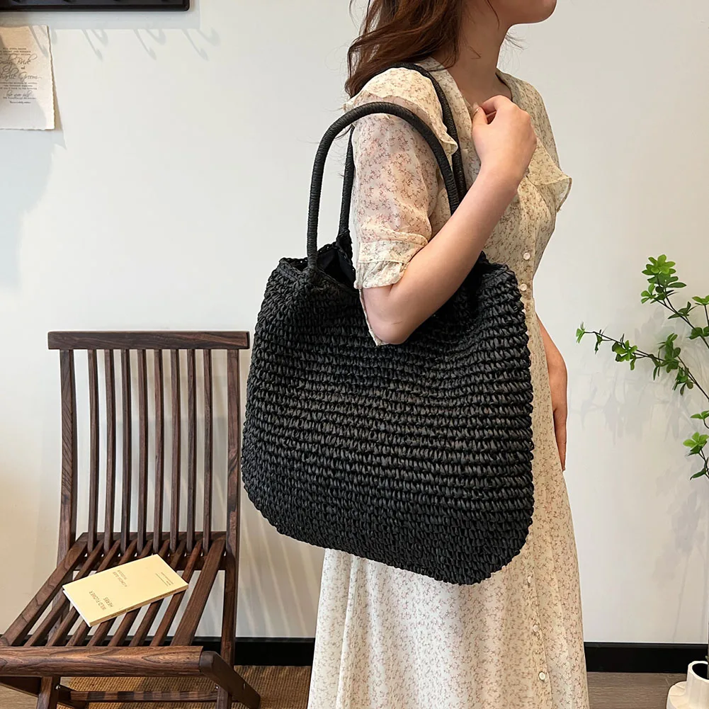

Women Straw Tote Handbag Large Capacity Vintage Shoulder Bag Solid Color Crochet Beach Handbag Ladies Summer Daily Bag