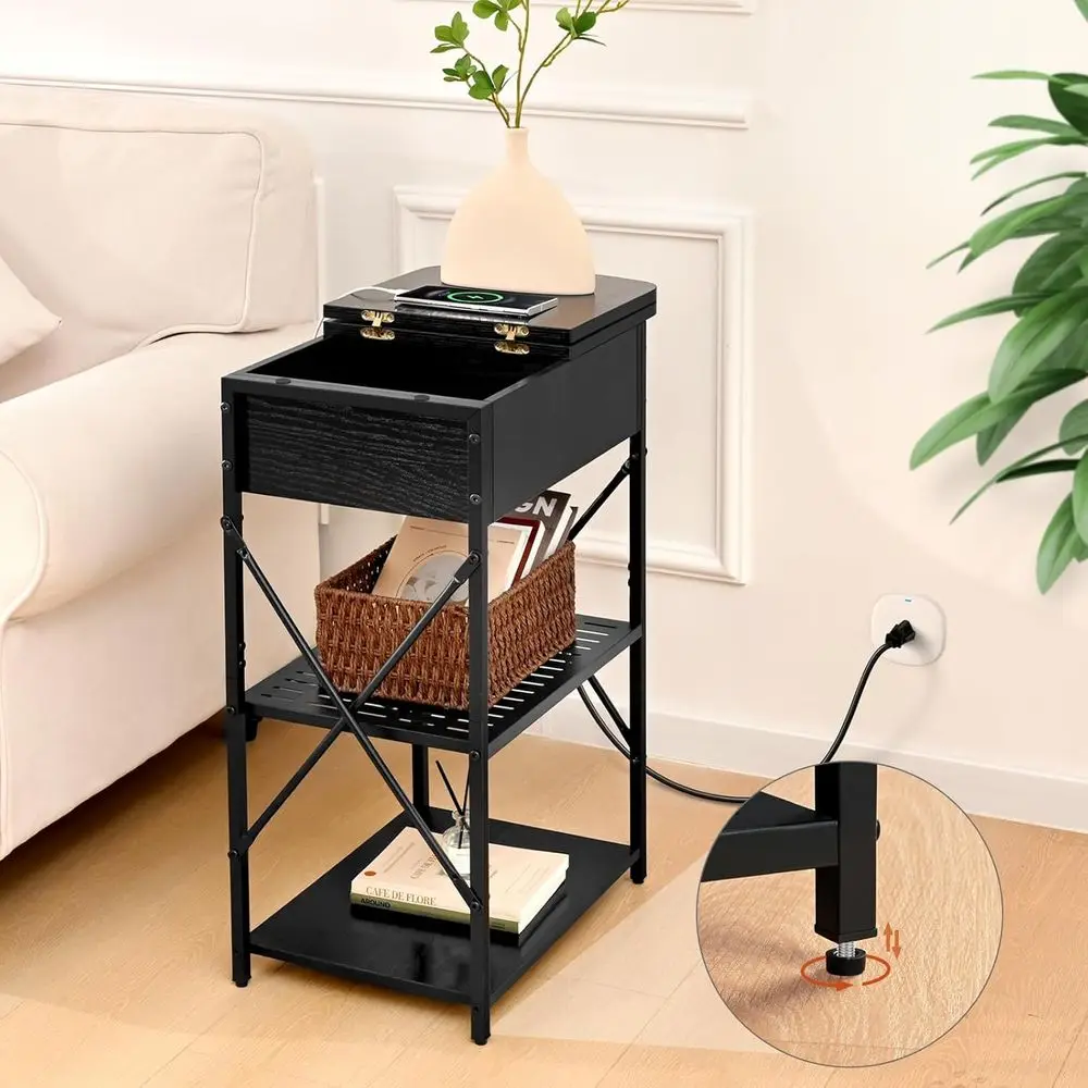 Charging Station End Table, USB & AC Outlet Side Table, Flip Top Storage End Table, Living Room Black Side Tables, Bedroom Drawe