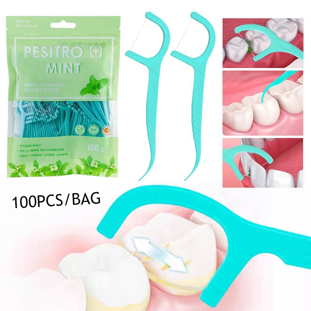 

Mint Flavor Toothpick Floss Disposable Interdental Tooth Cleaner For Adult Green Dental Toothpicks With Thread Oral Care Tool