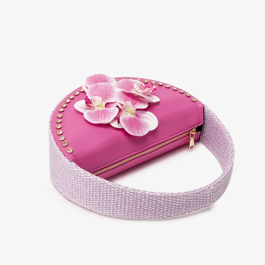 

Elegant Pink Floral Handbag with Rhinestone Embellishment Half Round Evening Purse Handcrafted Design for Women afternoon tea