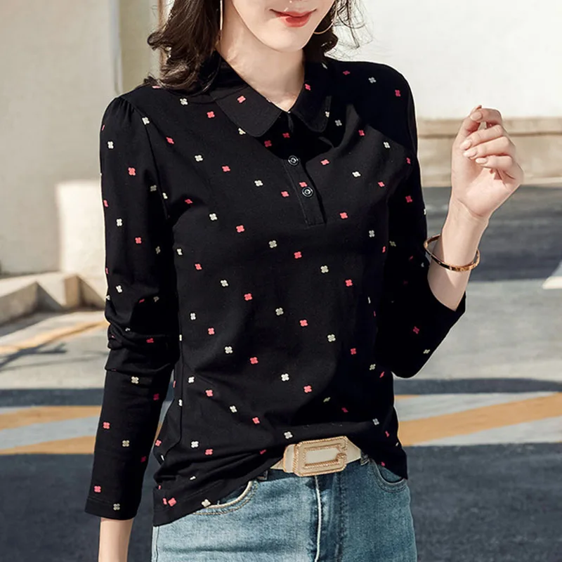 2024 Spring Women Polo Shirts Fashion Printed Female Long Sleeve Turn-down Collar T-shirts Soft Cotton Blouses Ladies Slim Tops