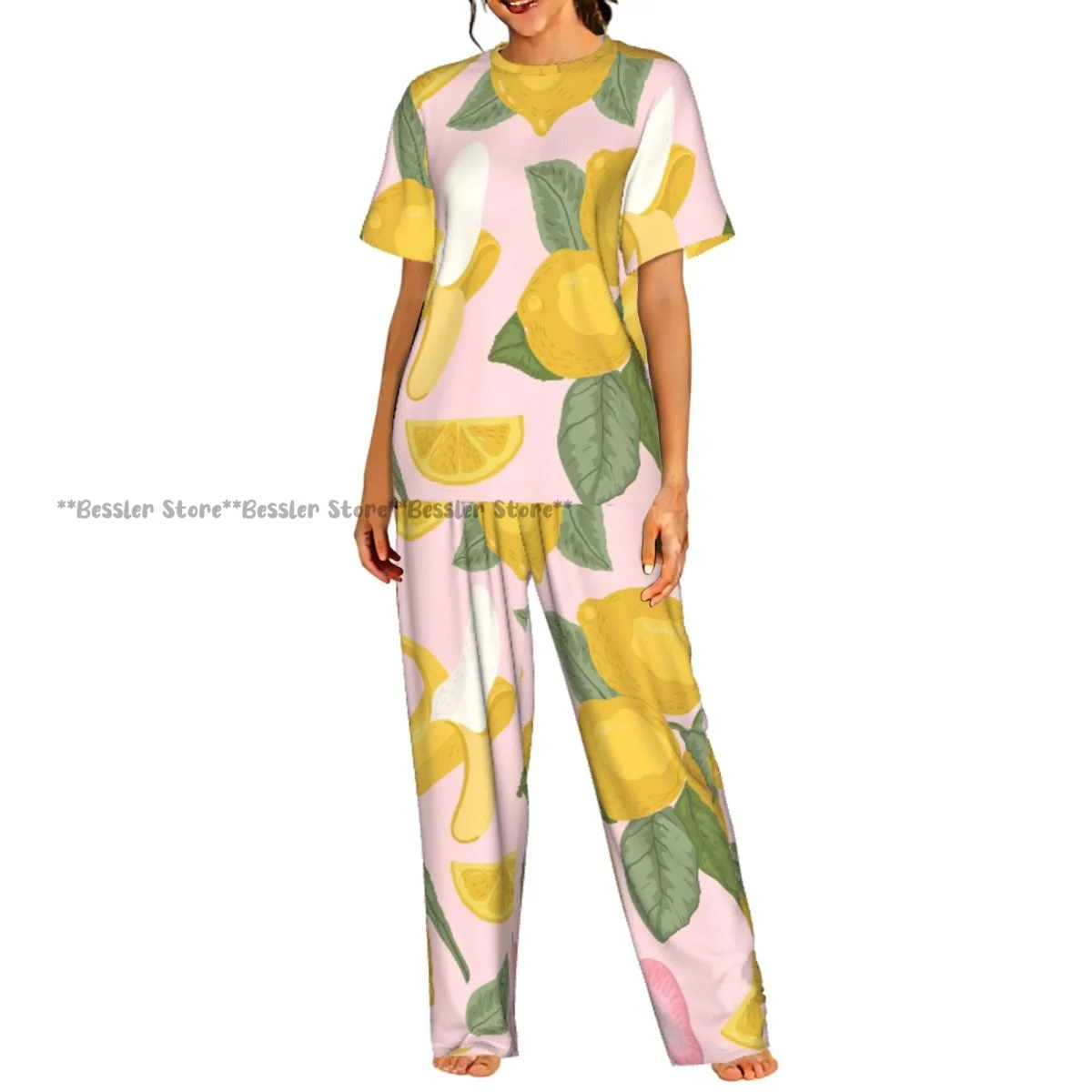 

Женский пижамный комплект с забавным принтом фруктов (лимон, банан), короткий рукав, 2 предмета, домашняя одежда, одежда для отдыха