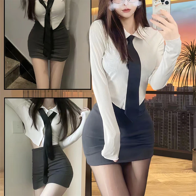 

Fashion Autumnsuit Sexy Commuting OL Secretary Teacher Cosplay Uniform Women Long Sleeve Top Half Bodycon Skirt Slimming