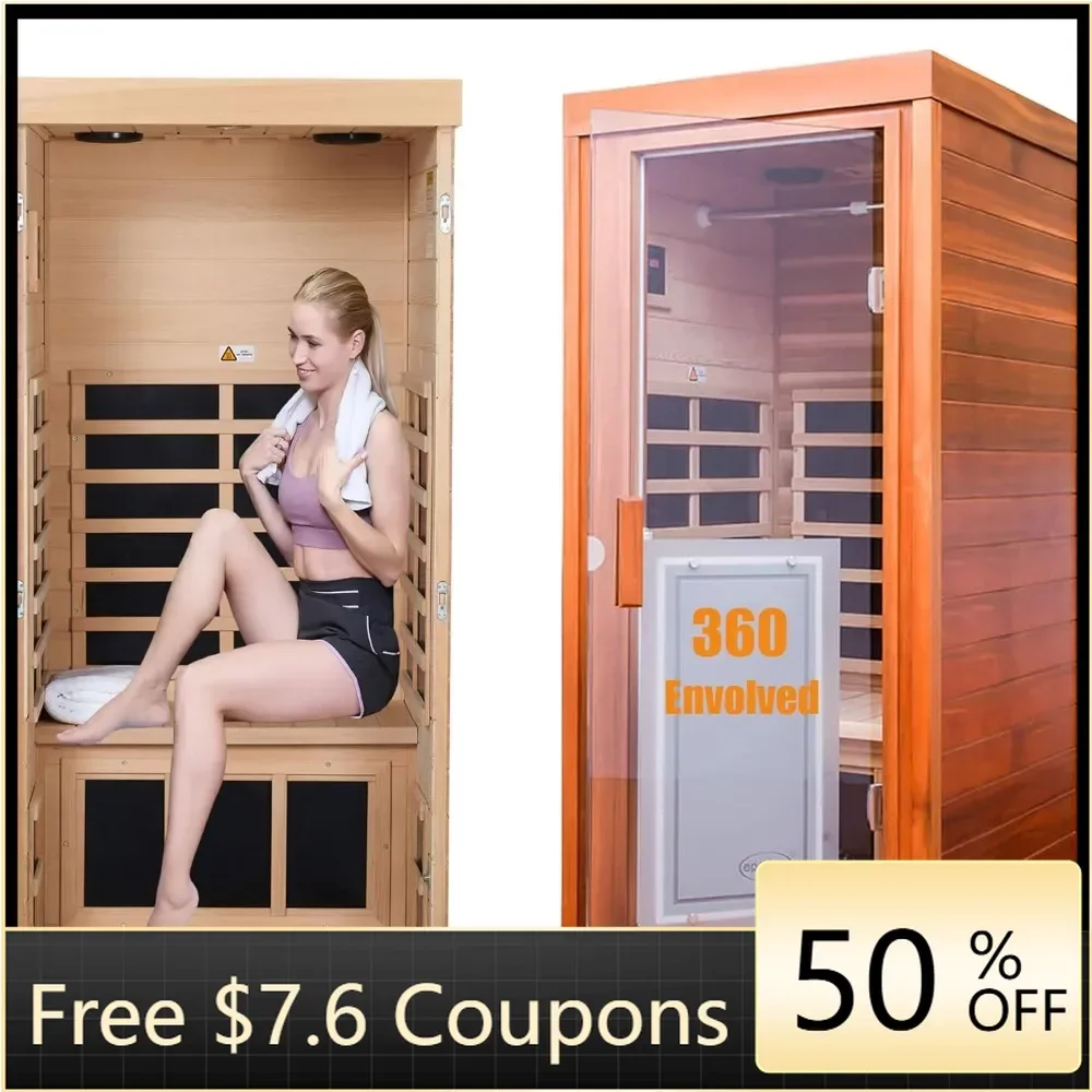 1-Person Size Garden Sauna Room With 1350W Far Infrared Wooden Sauna Canadian Red Cedar 8 Low EMF Heaters & 2 Bluetooth Speakers