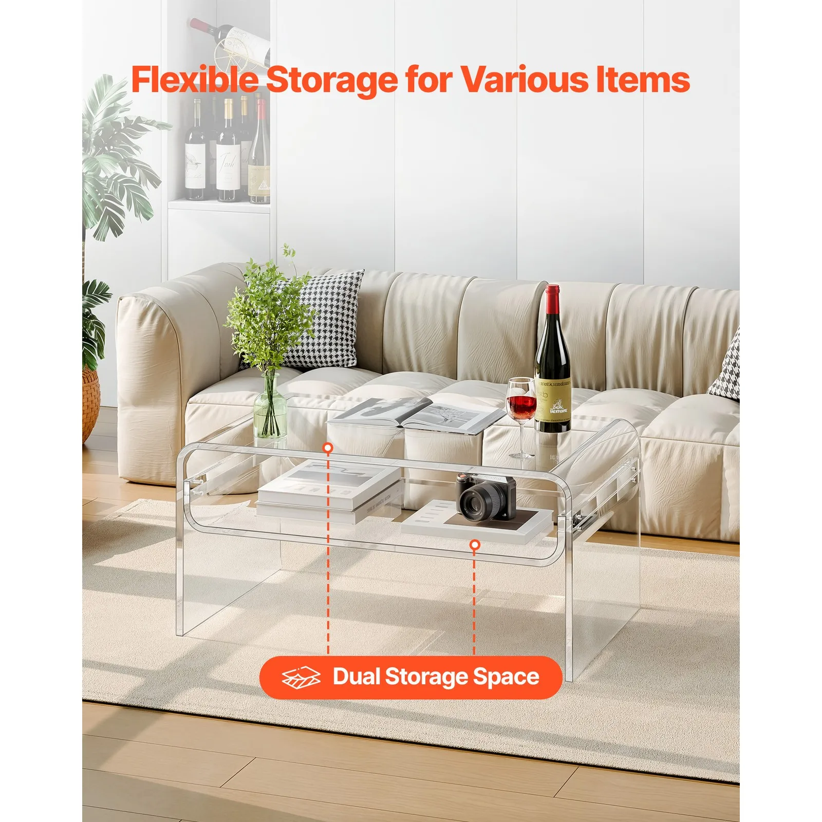 طاولات المقهى، طاولة قهوة أكريليك شفافة مع رفوف تخزين من طبقتين، تصميم شفاف حديث لغرفة المعيشة