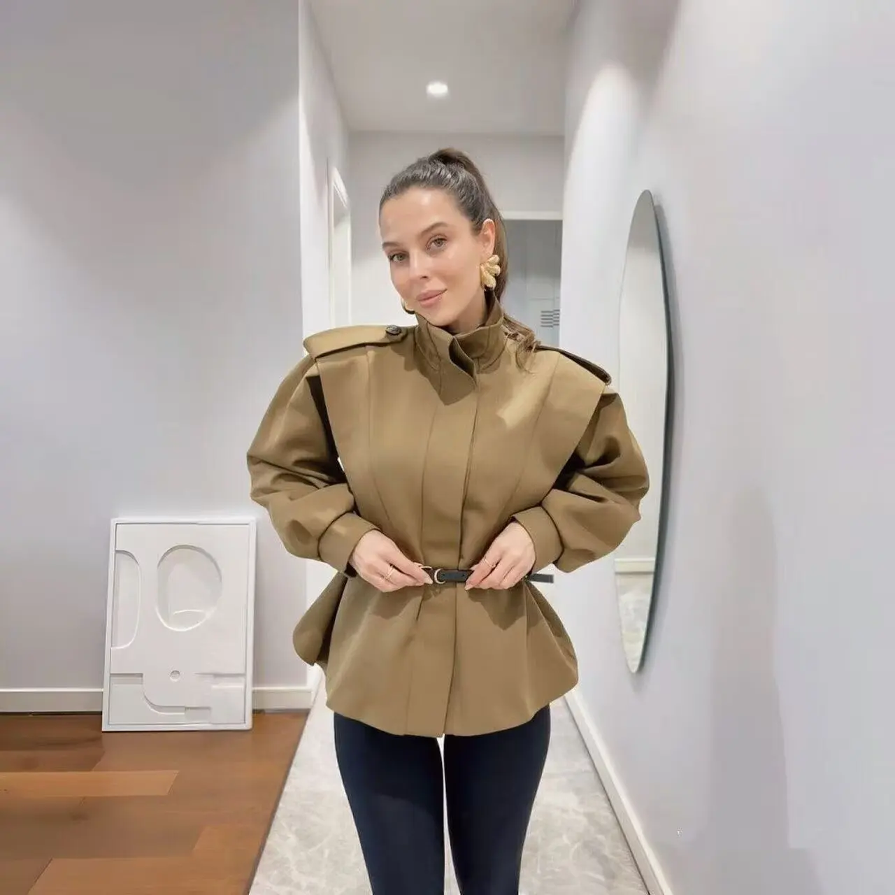 Early Autumn New Arrival Women's Fashion Slim Fit Coat with Belt Stand Collar ZR Style Cross-Border Medium-Length Coat