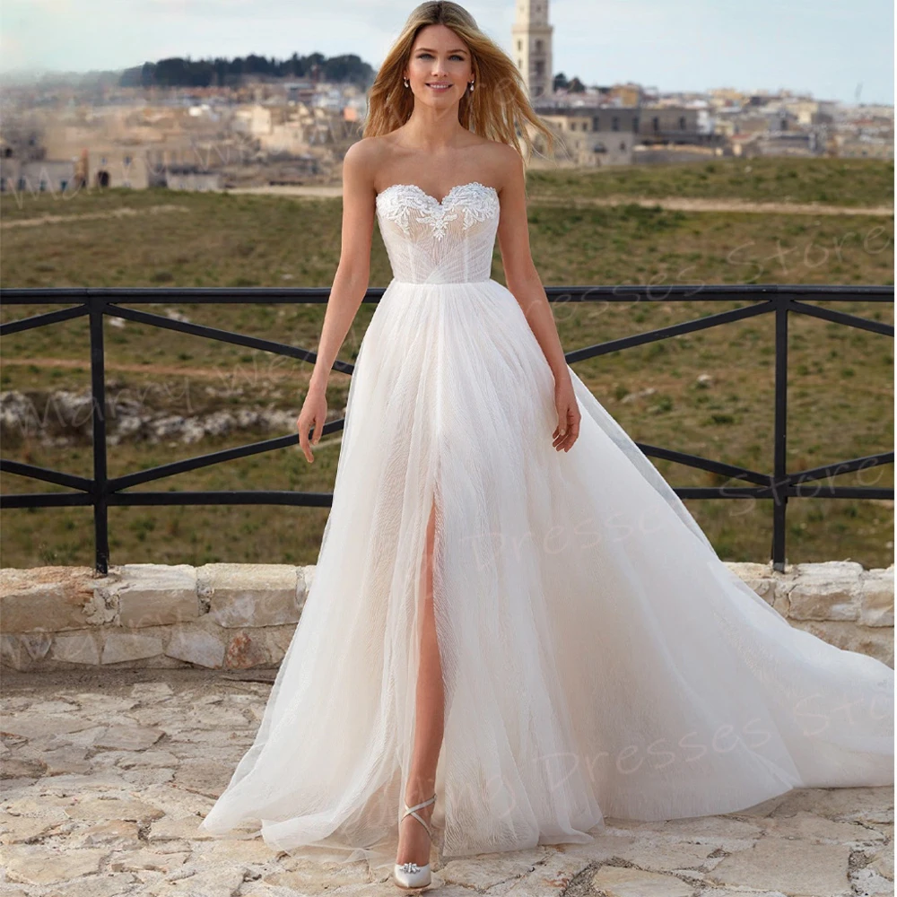 Graziosa una linea abiti da sposa da donna Appliques popolari abiti da sposa in pizzo abiti classici senza spalline divisi senza schienale