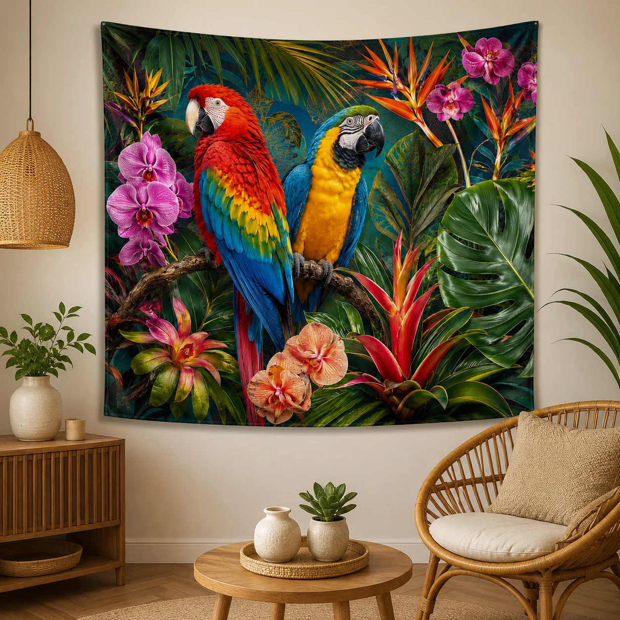 ropical Parrot Tapestry Scarlet Macaw Jungle Palm Leaf Orchid Wall Hanging