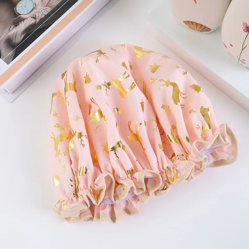 금도금 순록 패턴, 귀여운 사슴 샤워 캡이있는 2PCS 더블 레이어 방수 샤워 캡