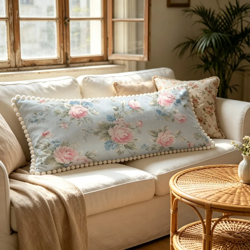 1PC Dusty Blue Background with Large Pink Roses and Grey Green Leaves, French Vintage Floral Long Pillow Cover with Pom Pom Tr