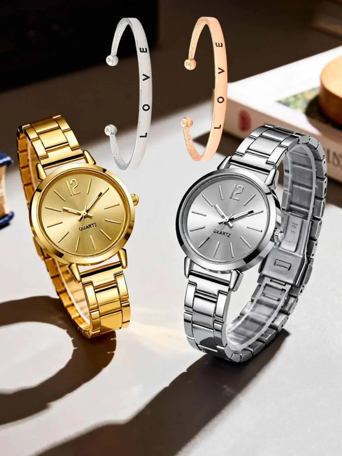 Women Round Metal Band Quartz Watch Minimalist Dial Gold Silver Optional Ladies Wristwatch