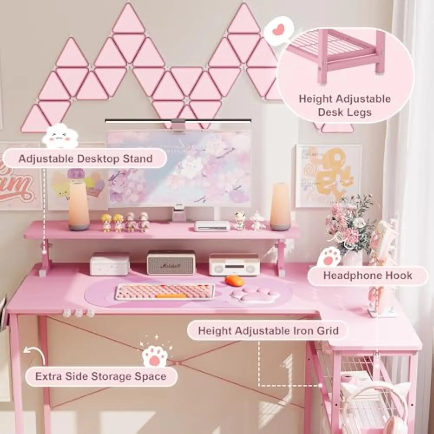 L-Shaped Gaming Desk Cute with Cat Accessories, Built-In Power Outlet, Monitor Shelf and Side Storage – Sturdy Metal Frame Fo