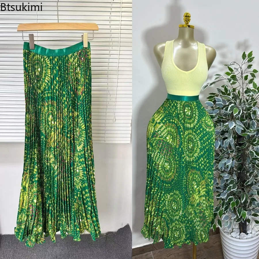 New Women High Waist Printed A Line Midi Skirt Vintage Pleated Flared Skirt Summer Casual Vacation All Match Ladies Long Skirt