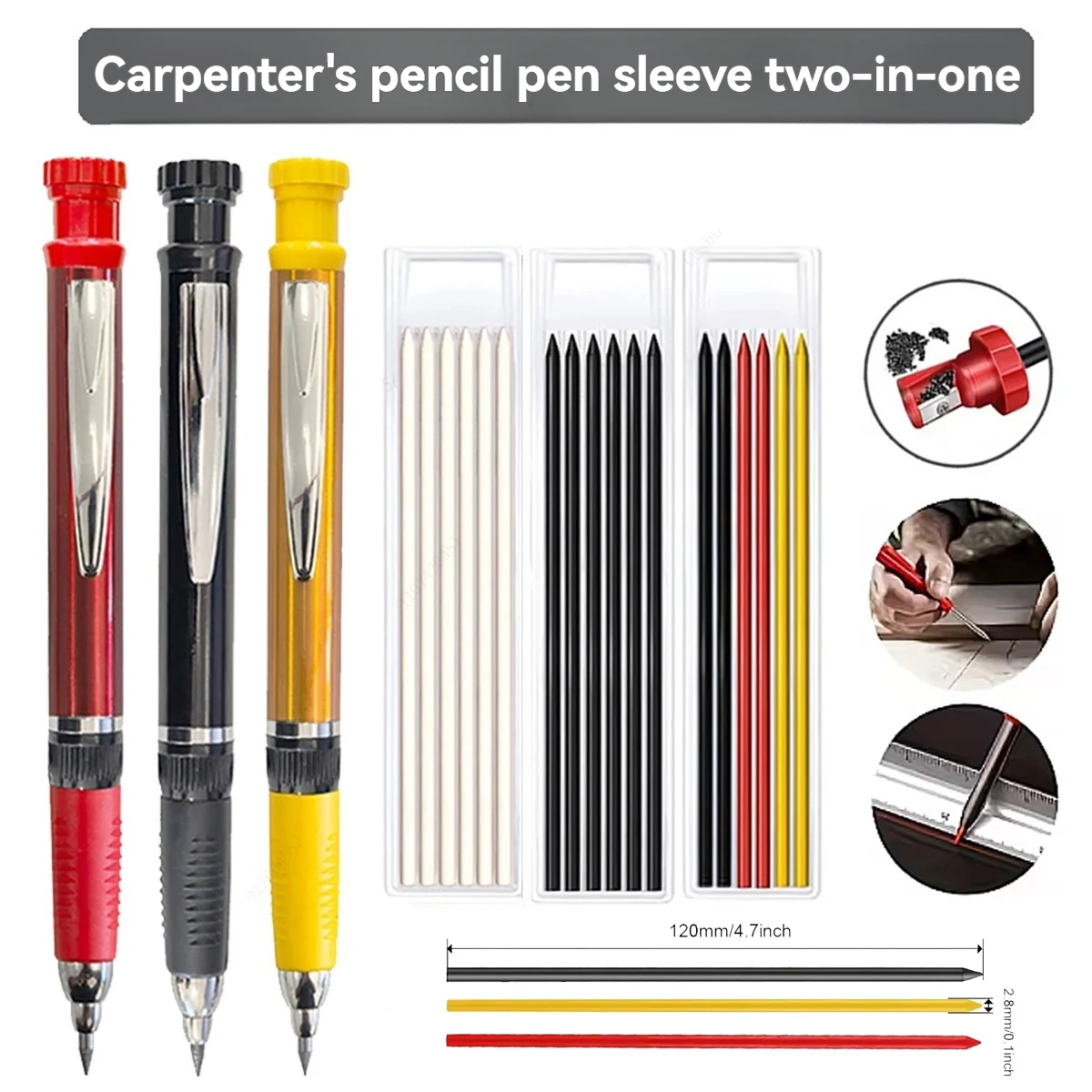 2.8mm 2-in-1 Solid Woodworking Mechanical Pencil with Lead and Built-in Sharpener, for Deep Hole Carpenter Marking Pencils set
