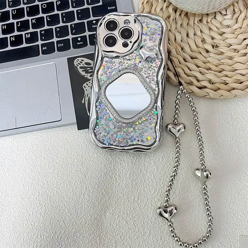 Luxury Sparkling pink sequin phone case suitable for 15 Pro max diamond square mirror iPhone 14 love carrying bracelet 13 12 11