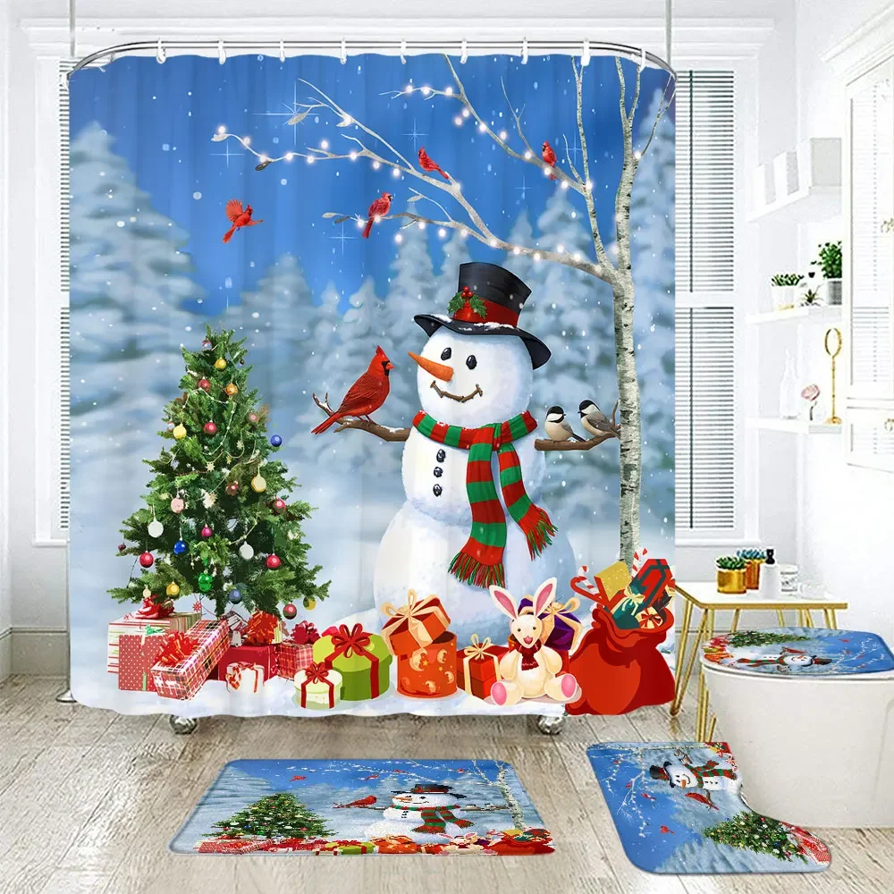 Christmas and Snowmen Shower Curtains Xmas Trees Gifts Holiday Decorations Happy New Year Bath Curtains Bath Mats Bathroom Decor