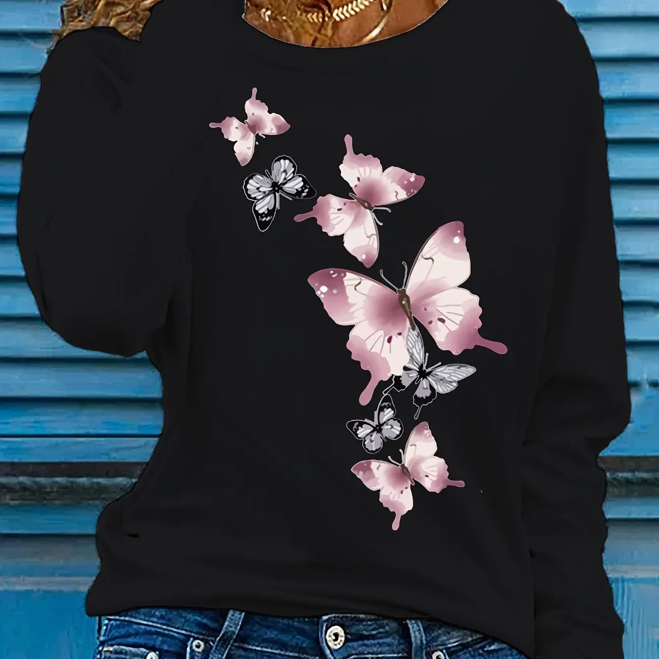 Printemps et automne femmes 100% coton mode décontracté ample motif papillon imprimé col rond à manches longues T-shirt chemise de Base