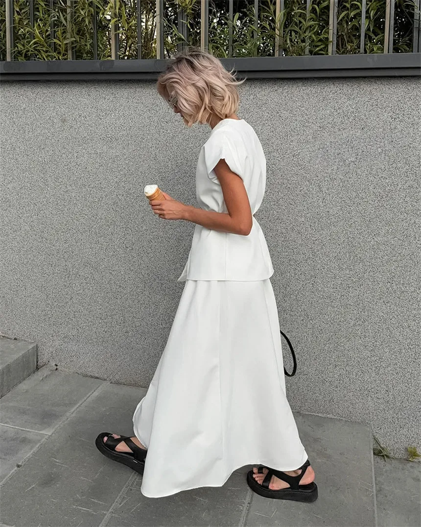 Summer 2 Piece Set Short Sleeve Skirt Suit Women Single Button V-neck Lace Up Top+high Waist Loose Bust Skirt Fall Office Lady