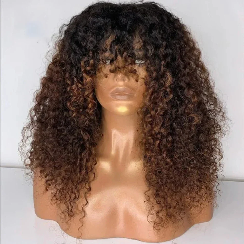 Peluca con malla frontal rizada rubia ombré larga Natural para mujer con flequillo línea de cabello sintético resistente al calor para uso diario