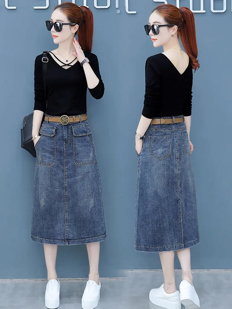 

High Waist Loose A-Line Denim Skirt Women's Midi Skirt Spring Autumn New plus Size Casual Classic Color f Body Skirt