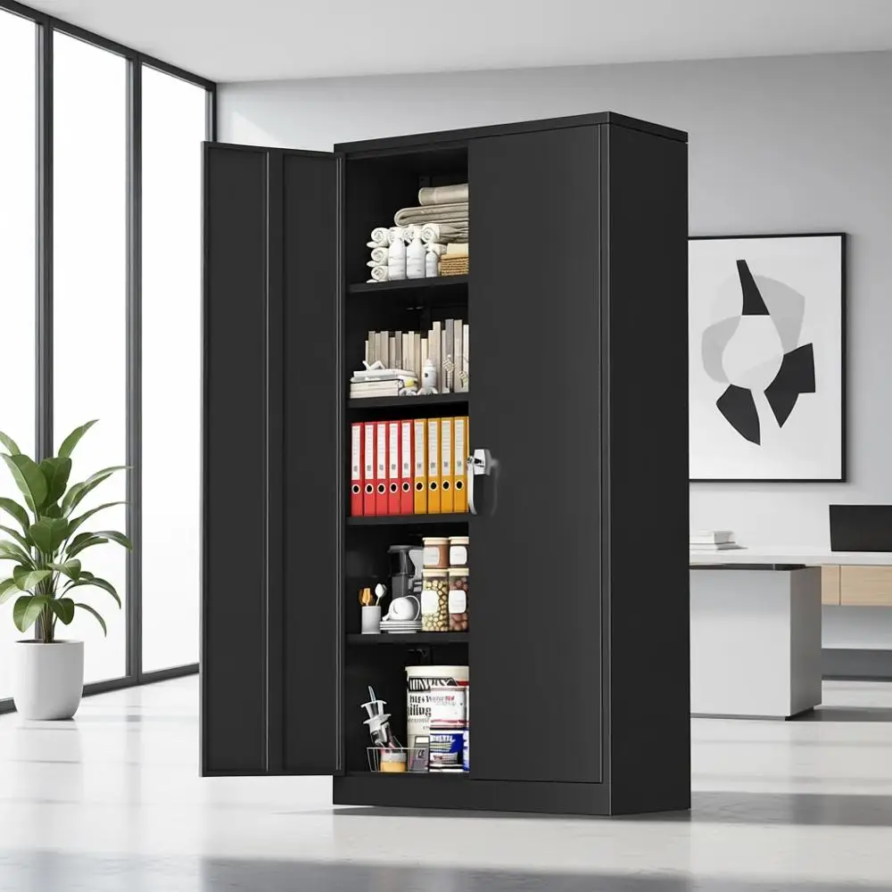 

72-Inch Tall Black Steel Lockable Cabinet with 4 Adjustable Shelves for Garage, Office, or Home Storage