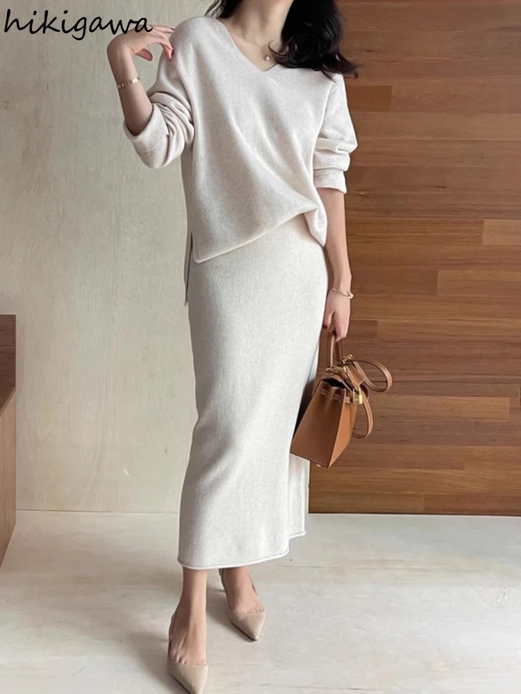 Korean Women Clothing Knitted Two Piece Set V-neck Long Sleeve Pullovers High Waist Bodycon Long Skirt Outfits Simple Chic Suit