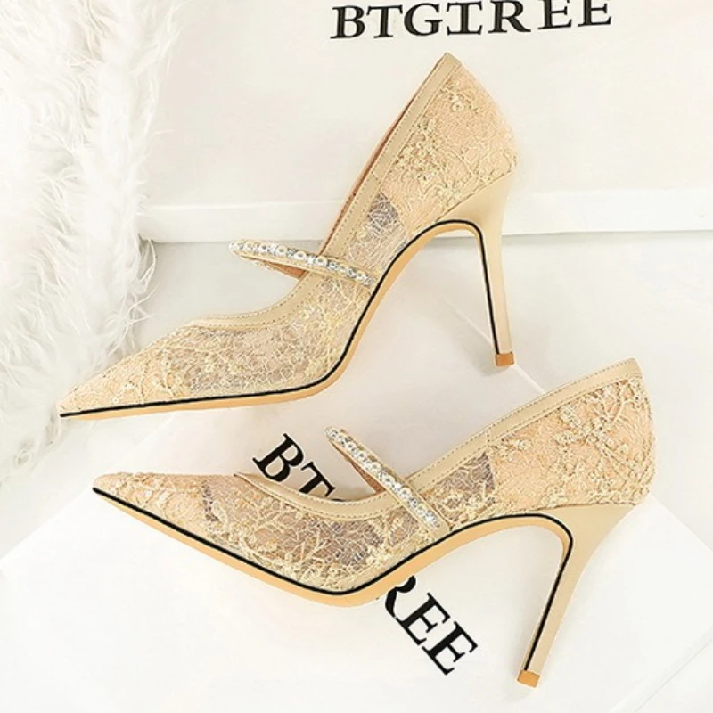 أحذية BIGTREE حجر الراين واللؤلؤ النساء مضخات الدانتيل عالية الكعب مثير أحذية الحفلات الخنجر الكعوب الفاخرة مأدبة أحذية النساء الكعوب جديد