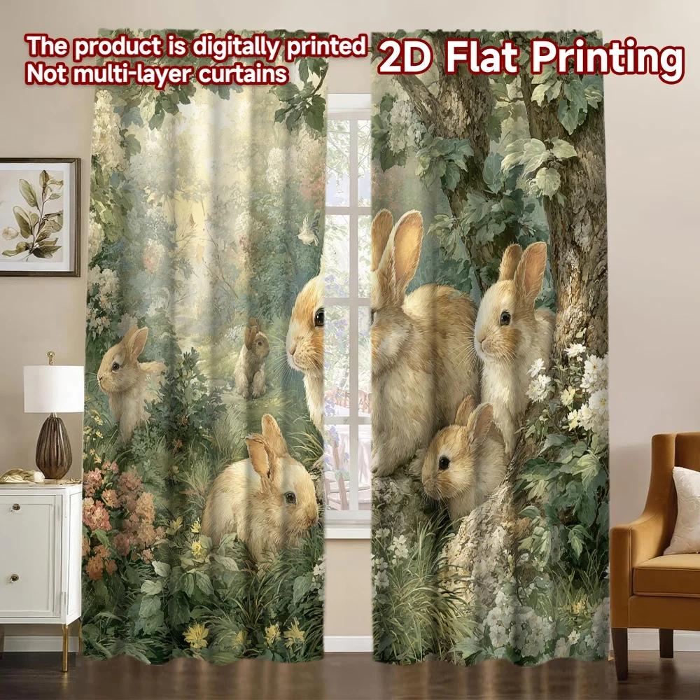2D FLAT PRINTING 2pcs Curtains (Without Rod) Easter Rabbits in Spring Garden Popular Light Filtering Curtains Durable Polyester