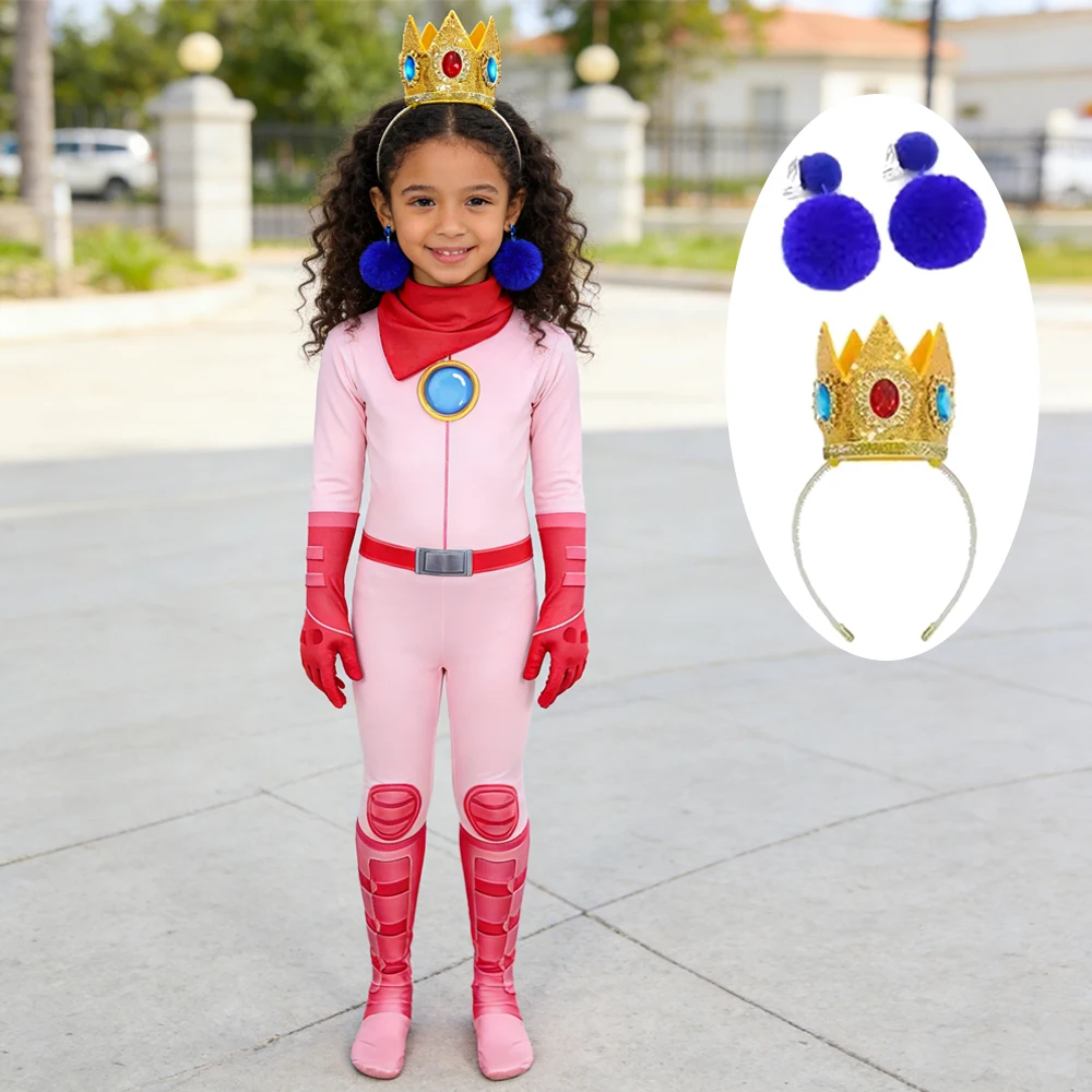 Girls Peach Pink Game Style Princess Jumpsuit With Crown Headband Battle Cosplay Outfit For Halloween Carnival Party 4-12Y