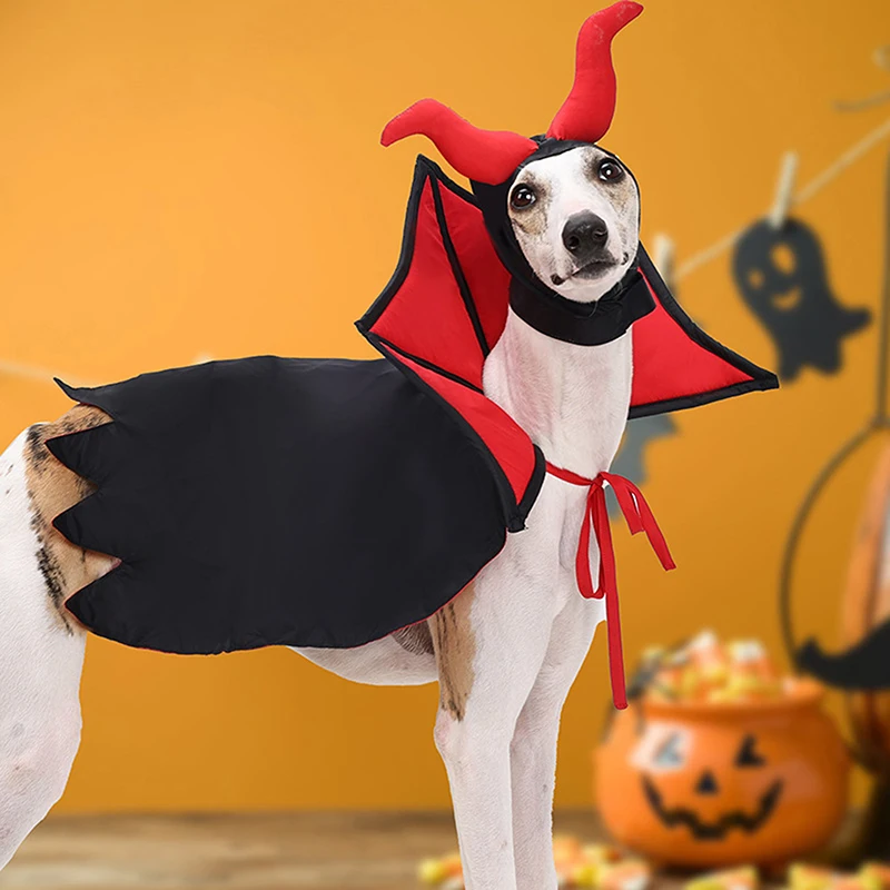 Dog Halloween Costume Tie-Up Vampire Cape Adjustable Hat with Horns Devil Costume for Holiday Party Club