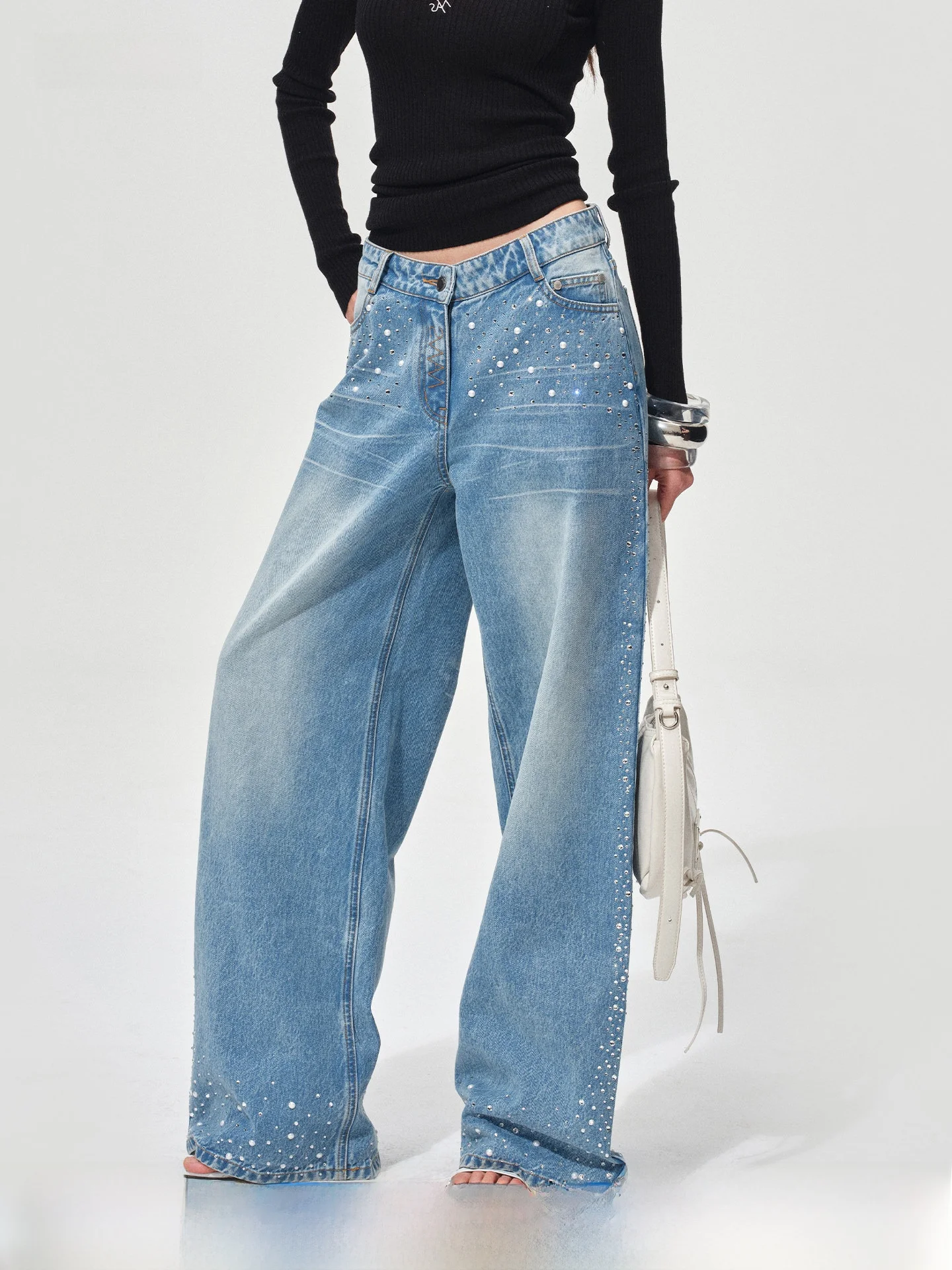 

NAWS Fla Wide Leg Jeans Heavy Waed Pearl Rhinestone Low Waist Loose ape Denim Long Pants Retro Sle Cotton Zipper Closure