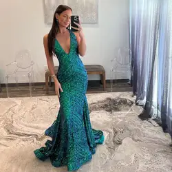 Customized emerald green mermaid halter prom dresses 2024 deep v neck sparkly sequins long evening gowns arabic