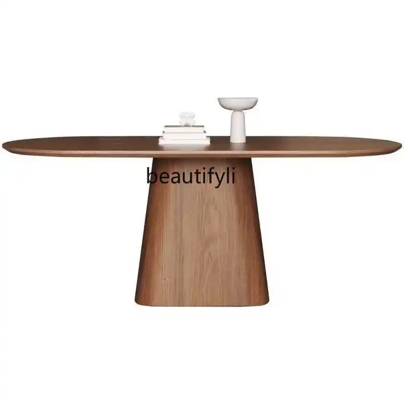 

Retro style solid wood dining table household small apartment modern simple dining table oval black walnut C56