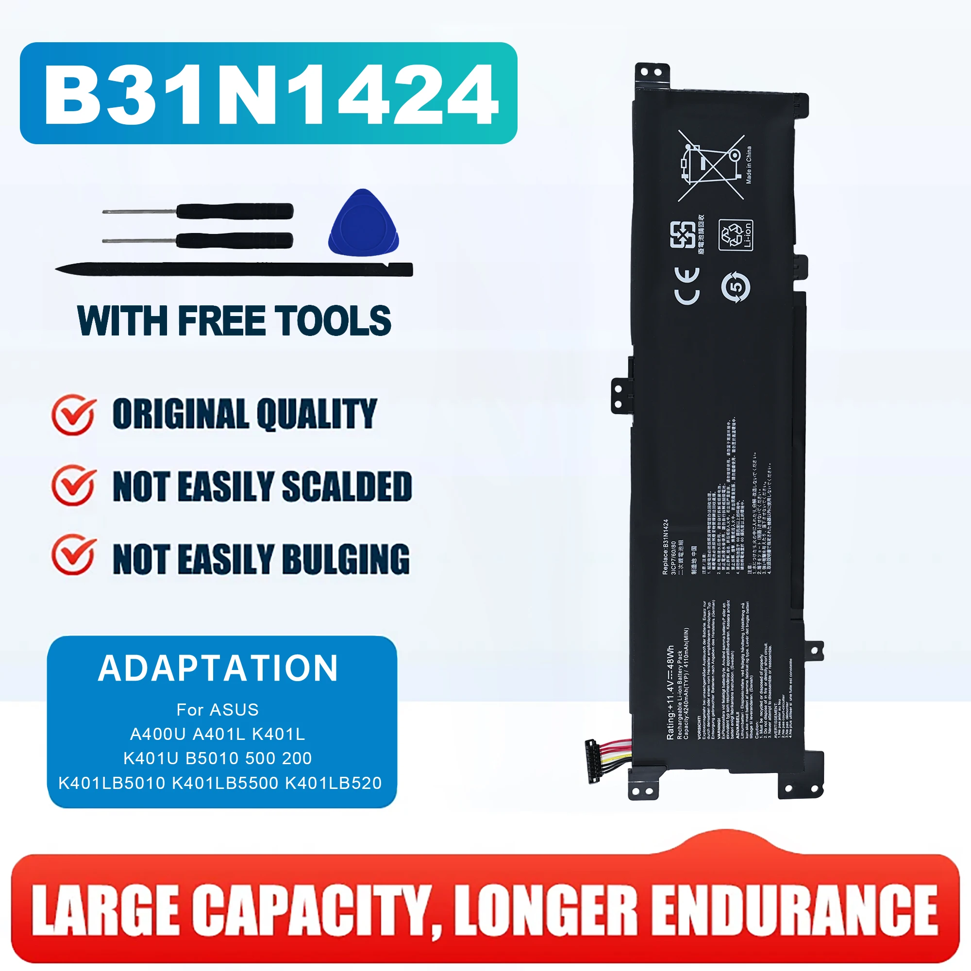 

11.4V 48Wh B31N1424 Laptop Battery For ASUS A400U A401L K401L K401U B5010 500 200 K401LB5010 K401LB5500 K401LB520