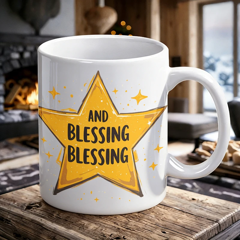 

11oz Yellow Star Blessing Quote Ceramic Mug, Funny Text Coffee Cup, Milk Cup, Office Tea Cup, Gift for Friends, Fade-resistant