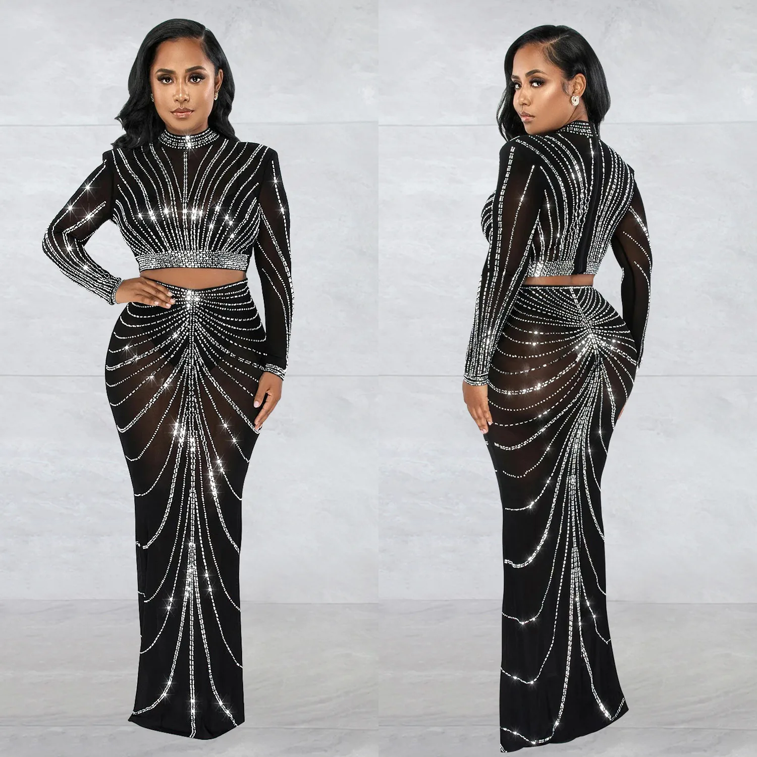 Women Set Fashion Women's Gauze Hot Drilling Perspective Long Sleeve Long Skirt Two-piece Set