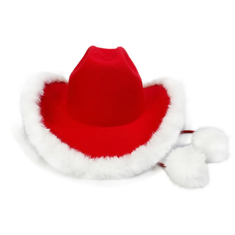 Red Christmas Cowgirl Hat White Fur Trim and Plush Ball Strings Western Hats for Women Men