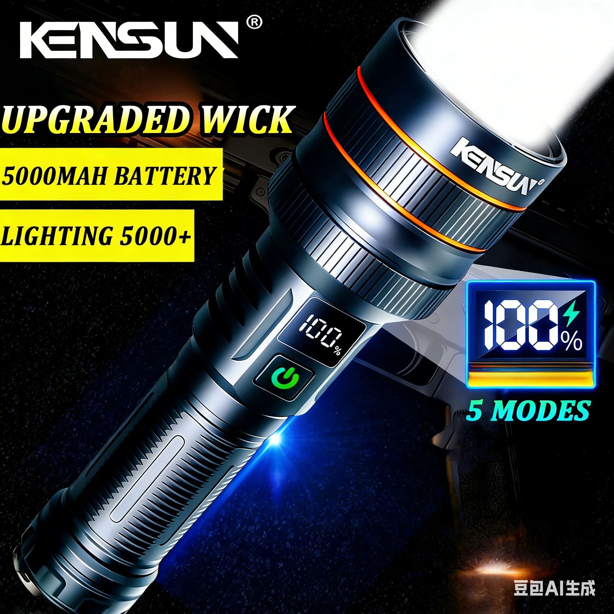 KENSUN lampe de poche LED Rechargeable la plus puissante torche tactique pour la pêche chasse type-c lampe de poche longue portée 6000M