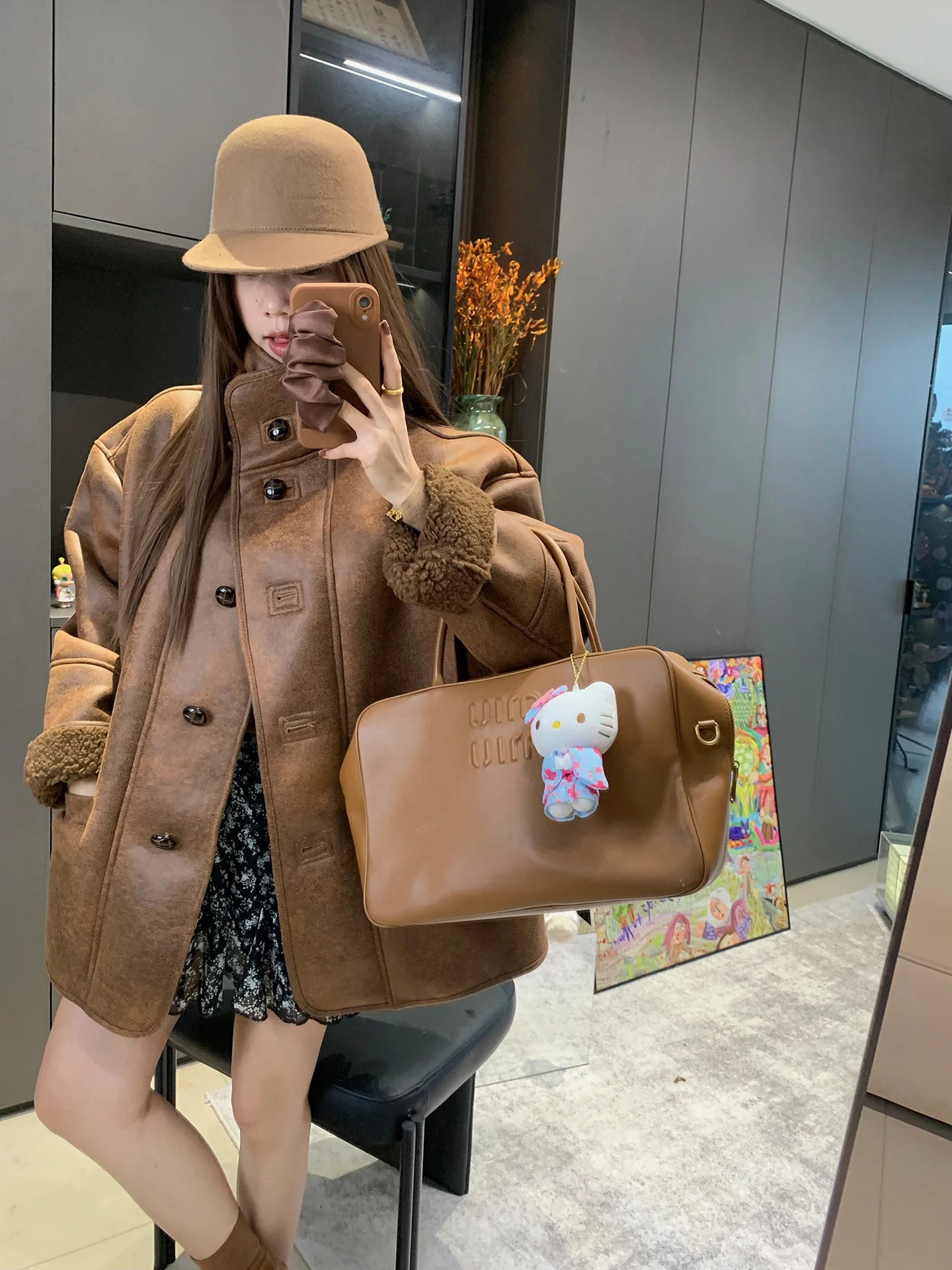 Wu Daxiao Caramel Wildern Giacca in pelle e pelliccia antivento calda, cappotto vintage in pelliccia di agnello, vestibilità ampia casual, manica lunga