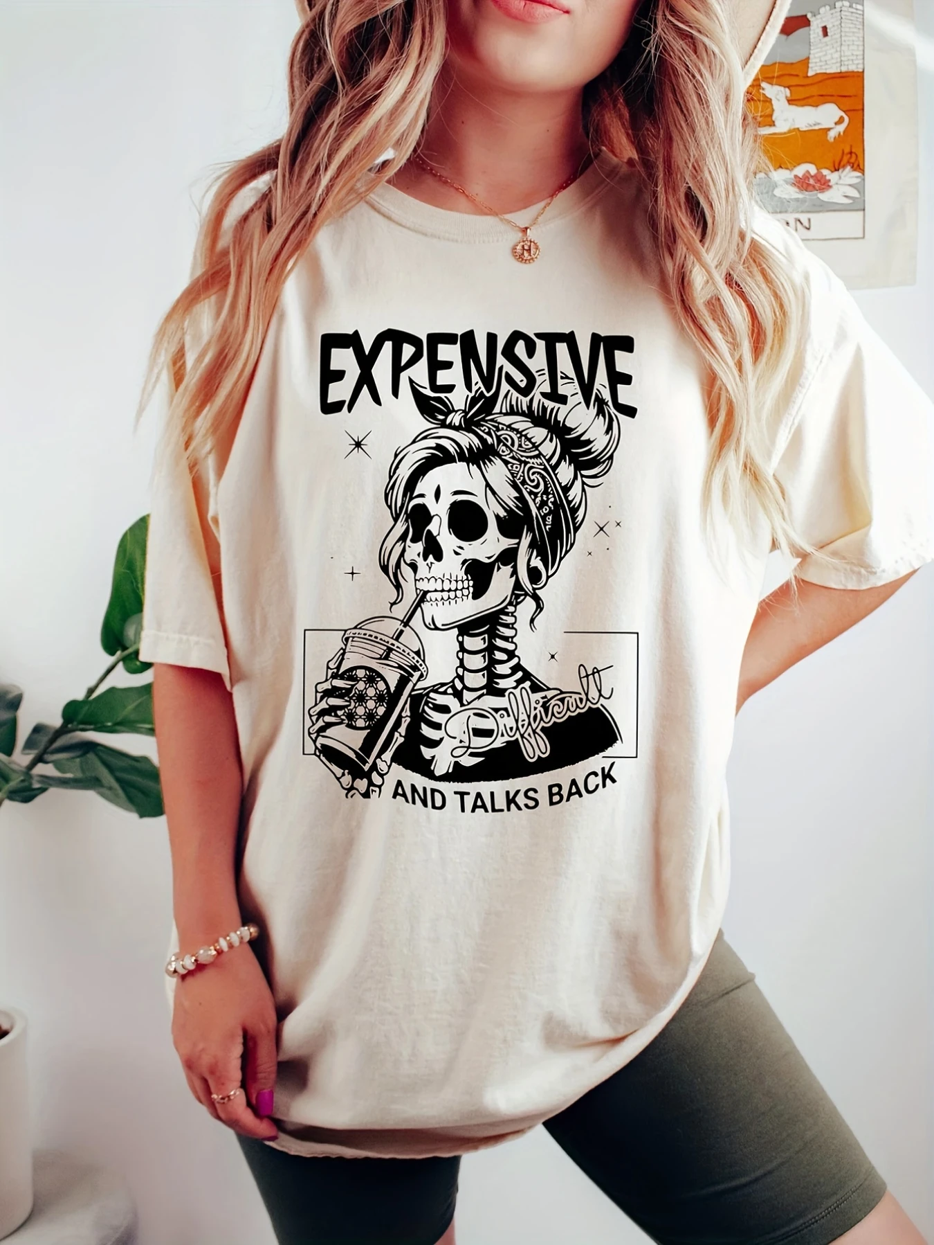 

Plus Size Women's Graphic T-Shirt - Edgy Skeleton & "Expensive Talks Back" Print Casual Round Neck Tee, Machine Washable